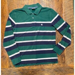 Brooks Brothers Mens Long Sleeve Striped Polo Shirt Green Navy Blue White Large